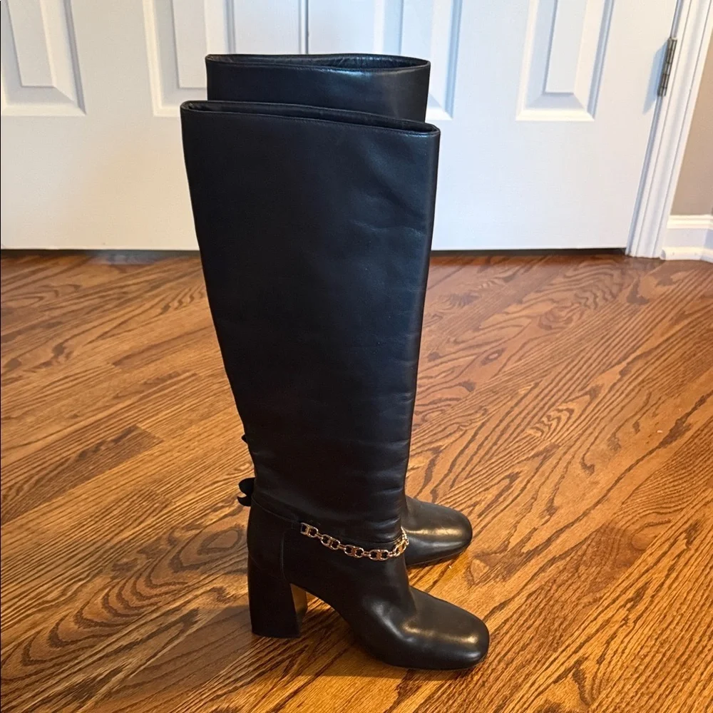 Tory Burch Black Heeled Boots with Gold Chain Accent and flower detail 9.5m